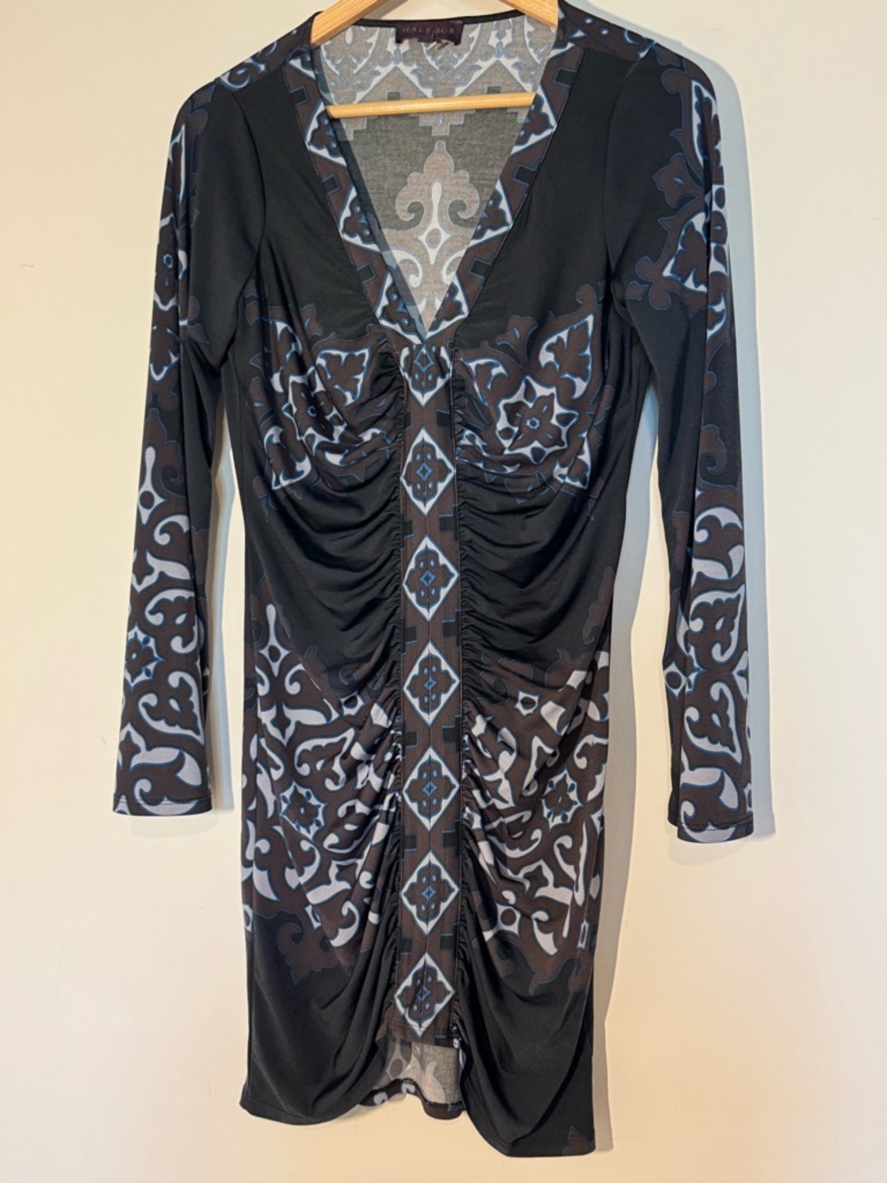 HALE BOB Ruched Printed Mini Dress Long Sleeve Size M - Picture 3 of 8